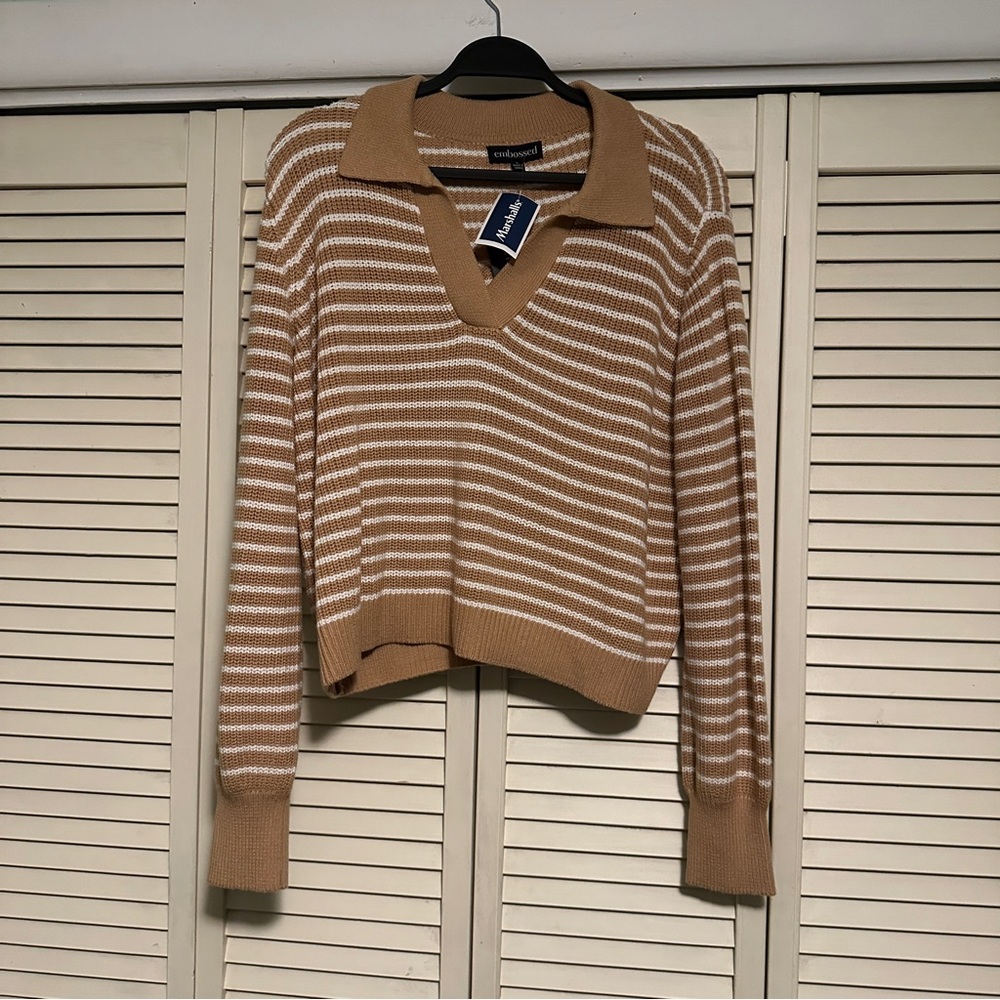 Women’s stripped tan johnny collar shirt